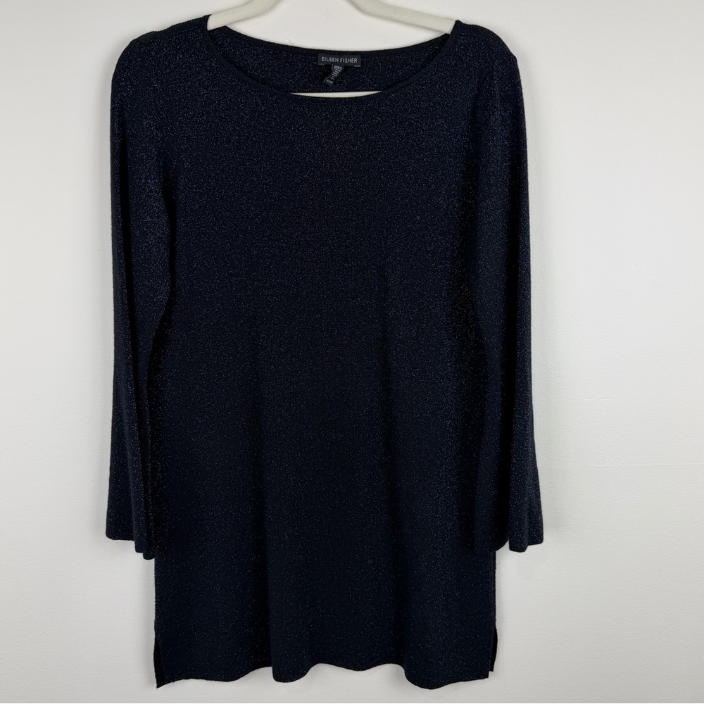 Eileen Fisher Black Shimmer Knit Boat Neck 3/4 Sleeve Tunic Top Minimalist  XS